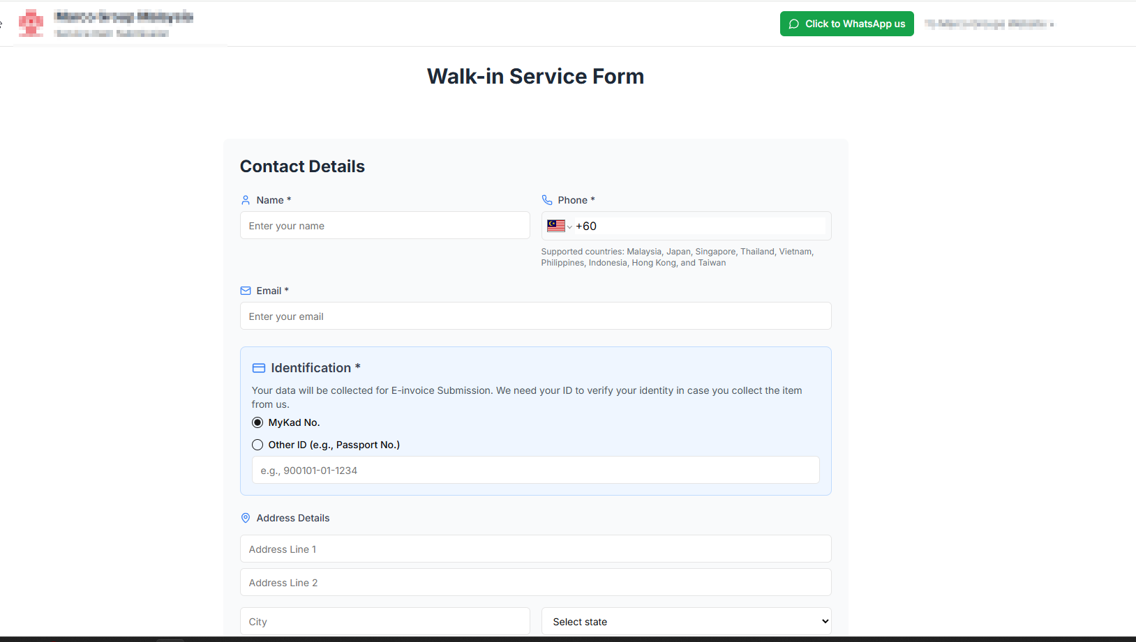 Walk-in service form on your site. Name, phone, email, and address fields.